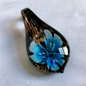 Handcrafted Lampwork Glass Pendant. Teardrop. Light Blue Flower.